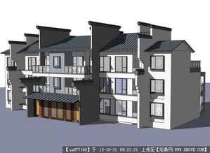 徽派沿街商鋪su精品建筑設計模型