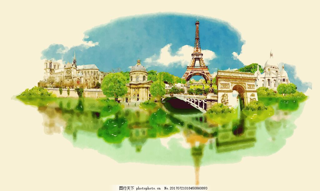 水彩繪法國建筑插畫